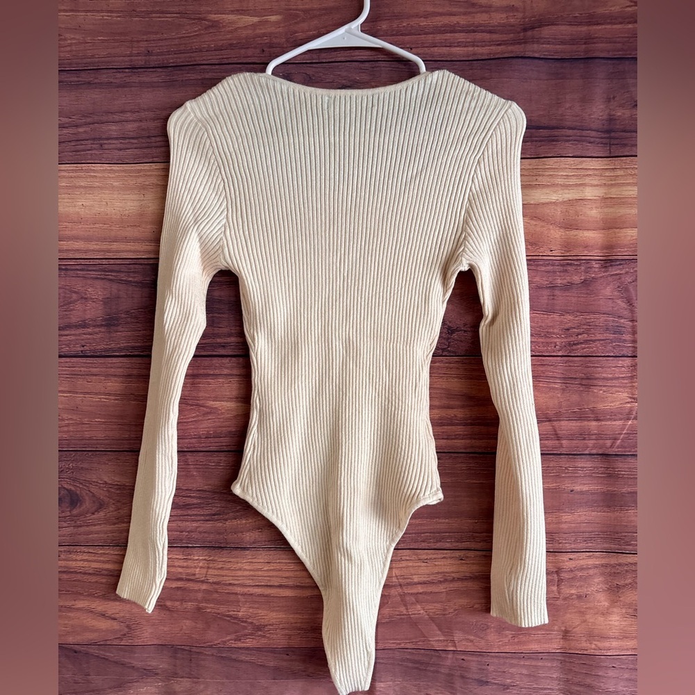MEROKEETY Womens Long Sleeve Ribbed Knit Square Neck Bodysuit Beige Small - Picture 2 of 4
